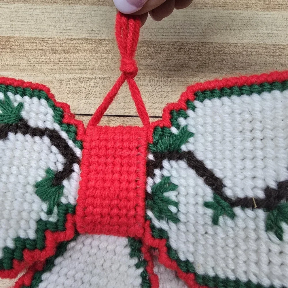 Crosstitch Holiday Bowtie Ornament Red Green Cardinal Christmas Plastic Canvas